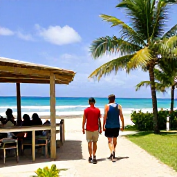 Caribbean Holidays, Barbados Walking Holidays, Friendly walkers relaxing at a Barbados beach caf&eacute; after a February hike, with sea views and tropical surroundings