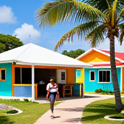 Caribbean Holidays, Barbados Walking Holidays, Friendly walkers resting at a small Barbados cafe after a tropical trail, with colourful buildings and palm trees