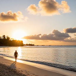 Caribbean Holidays, Barbados Walking Holidays, Golden beach at sunrise with a lone walker beside calm Caribbean water on the east coast of Barbados