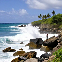 Caribbean Holidays, Barbados Walking Holidays, Hikers on the rugged east coast of Barbados near Bathsheba, with dramatic Atlantic waves, boulders and tropical palms
