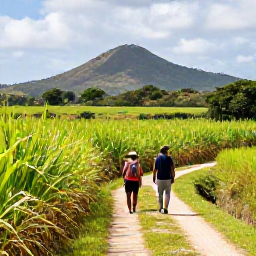 Caribbean Holidays, Barbados Walking Holidays, Hikers walking through bright green sugar-cane fields on a gentle Barbados country trail with distant hills