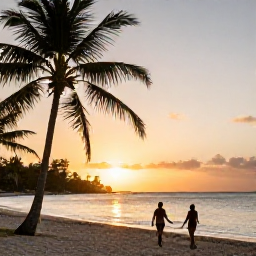 Caribbean Holidays, Barbados Walking Holidays, Sunset over a Barbados beach after a day of walking, with palm trees, calm sea and warm golden light