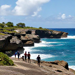 Caribbean Holidays, Barbados Walking Holidays, Walkers exploring a dramatic rocky coastline in Barbados, looking across bright blue water with waves and low coastal vegetation