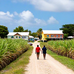 Caribbean Holidays, Barbados Walking Holidays, Walkers exploring a peaceful Barbados country lane between green sugar cane fields and colourful Caribbean homes