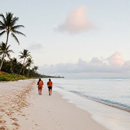 Caribbean Holidays, Barbados Walking Holidays, Walkers exploring a quiet Barbados beach at sunrise, with pale sand, calm Caribbean water and palm trees