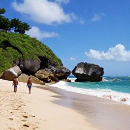 Caribbean Holidays, Barbados Walking Holidays, Walkers exploring a quiet Barbados beach near Bathsheba, with dramatic rocks, green hills and Atlantic waves under a bright July sky