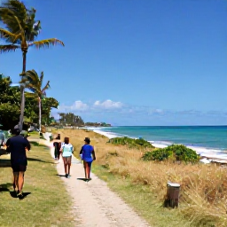 Caribbean Holidays, Barbados Walking Holidays, Walkers exploring a sunny Barbados coastal trail in February, with turquoise sea, golden grass and gently swaying palms