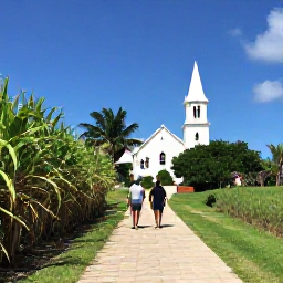 Caribbean Holidays, Barbados Walking Holidays, Walkers following a quiet Barbados coastal path past sugar cane fields and a traditional white Caribbean church