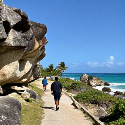 Caribbean Holidays, Barbados Walking Holidays, Walkers following a quiet coastal trail near Bathsheba, Barbados, with dramatic rocks, palm trees and the Atlantic Ocean in the background