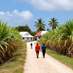 Caribbean Holidays, Barbados Walking Holidays, Walkers following a quiet country lane through sugar cane fields in Barbados, with palms and traditional houses nearby