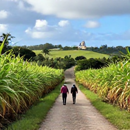 Caribbean Holidays, Barbados Walking Holidays, Walkers following a quiet rural lane through green sugar cane fields in Barbados, with a distant church and rolling landscape