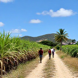Caribbean Holidays, Barbados Walking Holidays, Walkers following a scenic path through Barbados countryside, with sugar cane fields, palm trees and distant hills under a clear blue sky