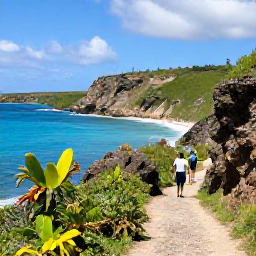 Caribbean Holidays, Barbados Walking Holidays, Walkers following a scenic trail along rugged Barbados coastline with turquoise water, cliffs and tropical plants