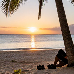 Caribbean Holidays, Barbados Walking Holidays, Walkers resting beside a quiet Barbados beach at sunset, with walking shoes, palm trees and calm Caribbean water