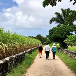 Caribbean Holidays, Barbados Walking, Walkers exploring a green Barbados countryside lane with sugar cane fields, stone walls and tropical vegetation