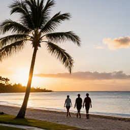 Caribbean Holidays, Barbados Walking, Walkers relaxing beside a calm Barbados beach at sunset after a day outdoors, with palm trees and warm golden light