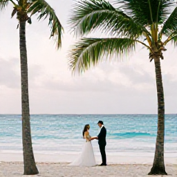 Caribbean Holidays, Barbados Wedding July, Bride and groom exchanging vows beside a turquoise sea on a quiet Barbados beach in July, with palm trees and soft afternoon light