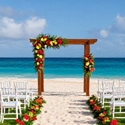 Caribbean Holidays, Barbados Wedding July, Elegant Barbados beach wedding set-up with white chairs, tropical flowers and a wooden ceremony arch overlooking the Caribbean Sea