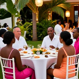 Caribbean Holidays, Barbados Wedding July, Happy wedding guests in smart summer clothes enjoying a relaxed outdoor reception in Barbados, with tropical greenery, lanterns and island food
