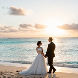 Caribbean Holidays, Barbados Wedding July, Newly married couple walking along a Barbados beach at sunset, holding hands with calm turquoise water and golden light behind them