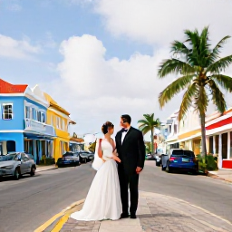 Caribbean Holidays, Barbados Weddings, A bride and groom exploring Bridgetown, Barbados, with colourful buildings, palm trees and a lively but relaxed island atmosphere