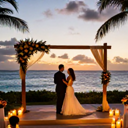 Caribbean Holidays, Barbados Weddings, A couple enjoying a romantic Barbados wedding reception overlooking the sea, with tropical flowers, candlelight and a sunset sky