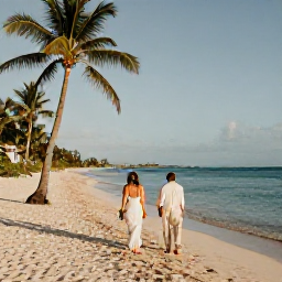 Caribbean Holidays, Barbados Weddings, A couple exploring Barbados after their wedding, walking along a palm-lined beach near calm turquoise water in warm April sunshine