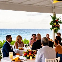 Caribbean Holidays, Barbados Weddings, A joyful Barbados wedding reception on a restaurant terrace overlooking the sea, with tropical flowers, candles and a small group of guests