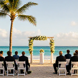 Caribbean Holidays, Barbados Weddings, A joyful outdoor wedding ceremony on a sandy Barbados beach in April, with palm trees, turquoise sea and soft afternoon sunlight