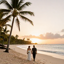 Caribbean Holidays, Barbados Weddings, A newly married couple walking along a quiet Barbados beach at sunset, with palm trees, soft golden light and the Caribbean Sea