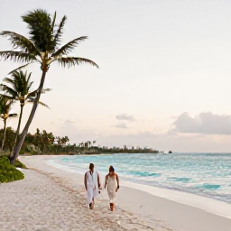 Caribbean Holidays, Barbados Weddings, A newly married couple walking along a quiet white sandy beach in Barbados at sunset, with turquoise sea and swaying palm trees