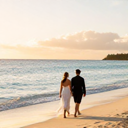 Caribbean Holidays, Barbados Weddings, A newly married couple walking barefoot along a quiet Barbados beach at sunset, with soft golden light and calm turquoise sea