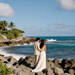 Caribbean Holidays, Barbados Weddings, A newlywed couple exploring a picturesque Barbados coastline, with rugged shore, blue sea and bright tropical sunlight