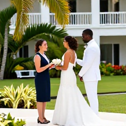 Caribbean Holidays, Barbados Weddings, A practical wedding planning scene in Barbados with a couple meeting a friendly coordinator beside a tropical hotel garden