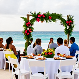 Caribbean Holidays, Barbados Weddings, An elegant Barbados beach wedding reception with white chairs, tropical flowers, local food and guests celebrating beside the sea