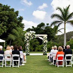 Caribbean Holidays, Barbados Weddings, An elegant outdoor wedding ceremony in a tropical Barbados garden, with white chairs, flowers and a small group of guests