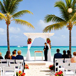 Caribbean Holidays, Barbados Weddings, An intimate Barbados beach wedding ceremony with white chairs, tropical flowers, palm trees and bright blue sea
