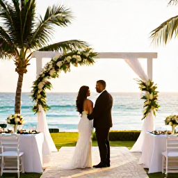 Caribbean Holidays, Barbados Weddings, Bride and groom enjoying a romantic Barbados wedding reception overlooking the sea, with tropical table decorations and sunset light