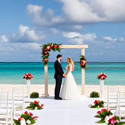 Caribbean Holidays, Barbados Weddings, Elegant beach wedding ceremony in Barbados with white chairs, tropical flowers, turquoise sea and a bride and groom beneath a simple arch