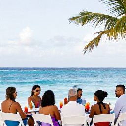 Caribbean Holidays, Barbados Weddings, Guests relaxing together at a Barbados beachfront wedding celebration, with colourful drinks, palm trees and a calm turquoise sea