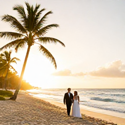 Caribbean Holidays, Barbados Weddings May, A Barbados wedding couple walking along a quiet sandy beach at sunset in May, with palm trees, gentle waves and warm golden light