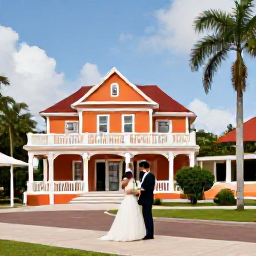 Caribbean Holidays, Barbados Weddings May, A newly married couple exploring Bridgetown, Barbados, with colourful historic buildings, palm trees and a sunny May afternoon
