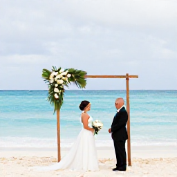 Caribbean Holidays, Barbados Weddings May, A relaxed Barbados beach wedding in May, with a couple standing beside a simple tropical ceremony arch, calm turquoise sea and soft white sand