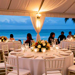 Caribbean Holidays, Barbados Weddings May, An elegant outdoor wedding reception in Barbados, with round tables, tropical flowers, soft lights and guests dining beside the sea