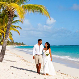Caribbean Holidays, Barbados Weddings November, A happy wedding couple walking along a sunny Barbados beach in November, with palm trees, turquoise sea and soft white sand