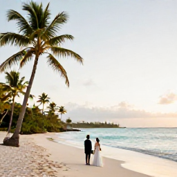 Caribbean Holidays, Barbados Weddings November, A newlywed couple exploring a quiet Barbados beach at sunrise, with turquoise water, palm trees and a peaceful tropical landscape