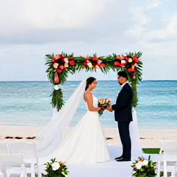Caribbean Holidays, Barbados Weddings November, An elegant beachfront wedding ceremony in Barbados with white chairs, tropical flowers and the calm Caribbean Sea behind the couple