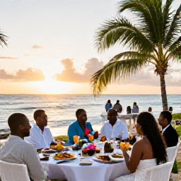 Caribbean Holidays, Barbados Weddings November, Newlyweds enjoying a relaxed Barbados wedding reception beside the beach, with tropical food, drinks and guests at sunset