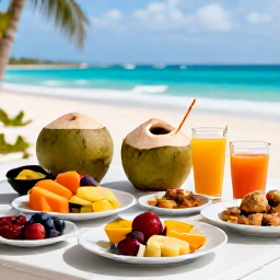 Caribbean Holidays, Barbados Wellness, A healthy Caribbean breakfast with fresh tropical fruit, coconut, juices and local ingredients on a shaded Barbados terrace