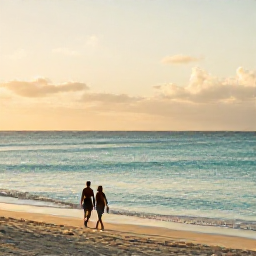 Caribbean Holidays, Barbados Wellness, A peaceful Barbados beach at sunrise in December, with calm turquoise water, soft golden light and a quiet couple walking along the shore